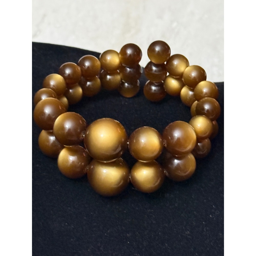 Vintage 1950s Brown Lucite Moonglow Bead Memory Wire Wrap Bracelet Mid Century